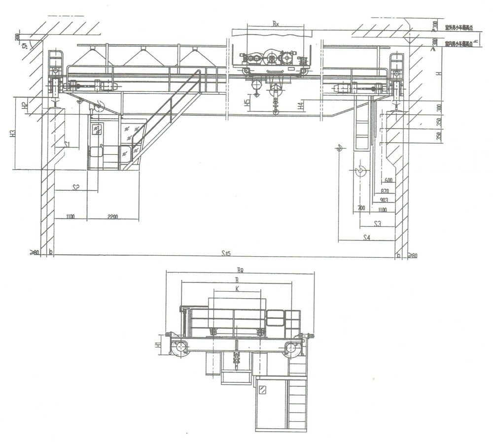 Dimensional drawing of QY type 16/3.2-20/5 ton insulated bridge crane